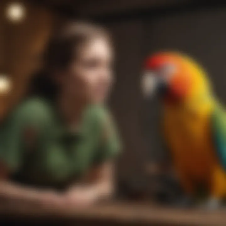 A parrot interacting with its owner