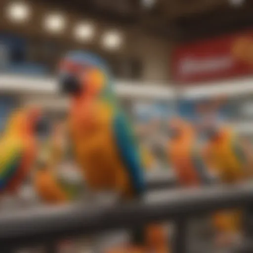 A vibrant display of various pet bird species available at PetSmart, showcasing their unique colors and personalities.