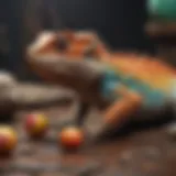 Bearded dragon playing with colorful toys