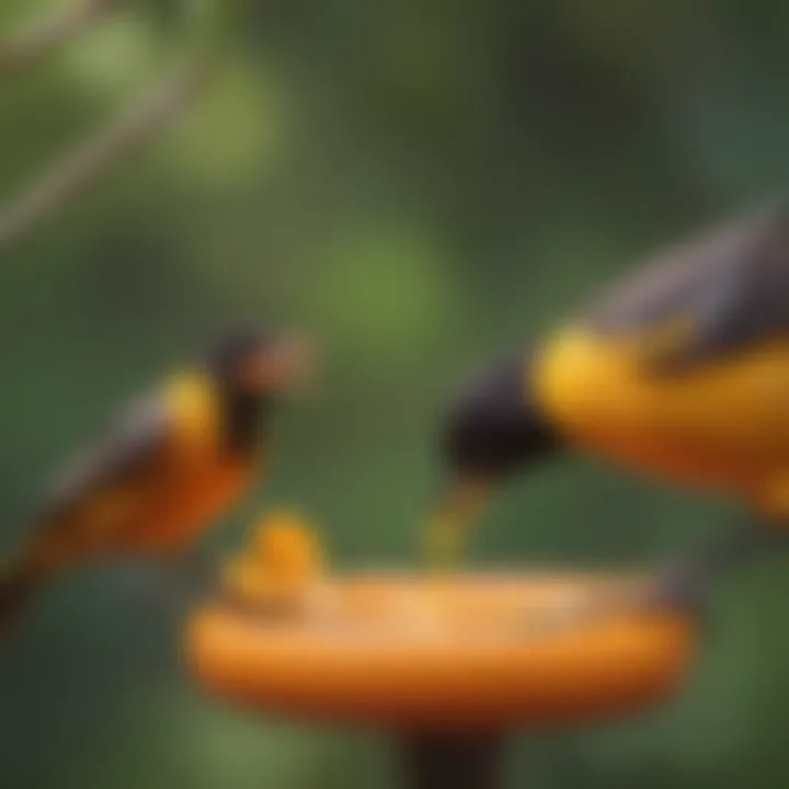 Close-up of an oriole feeding from a yellow nectar feeder