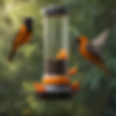 A vibrant oriole perched near a hummingbird feeder