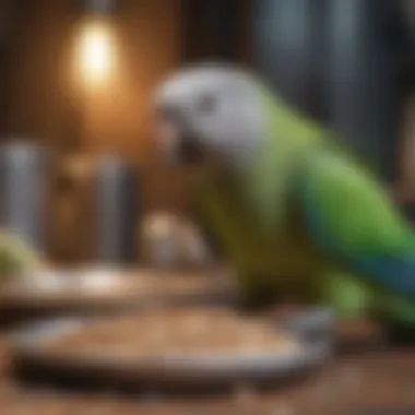 Detailed view of Quaker parrot food and equipment