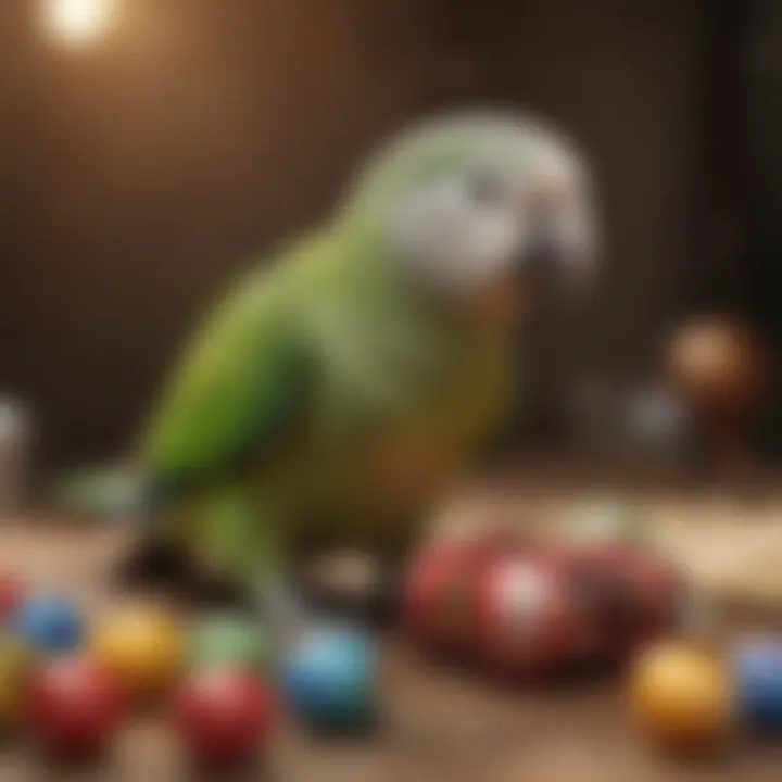 Colorful Quaker parrot playing with toys