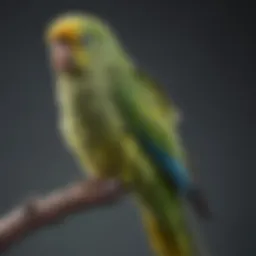 A parakeet sitting on a perch displaying drooping feathers