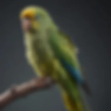 A parakeet sitting on a perch displaying drooping feathers