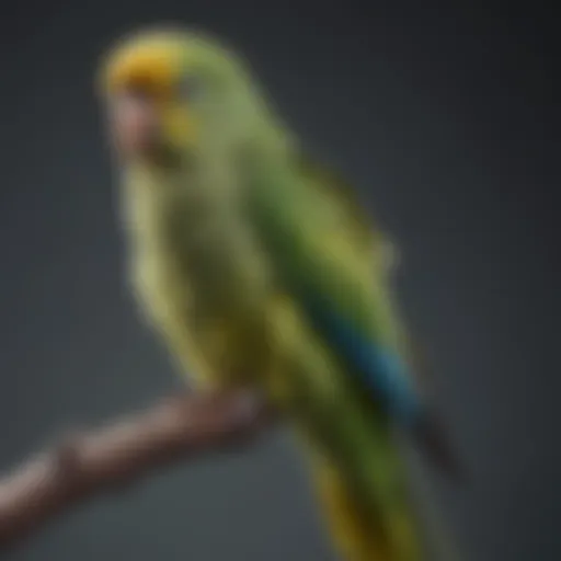 A parakeet sitting on a perch displaying drooping feathers