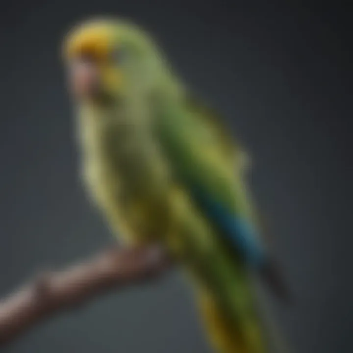 A parakeet sitting on a perch displaying drooping feathers