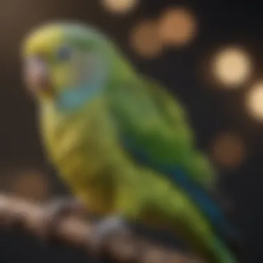 A parakeet perched quietly, indicating possible illness