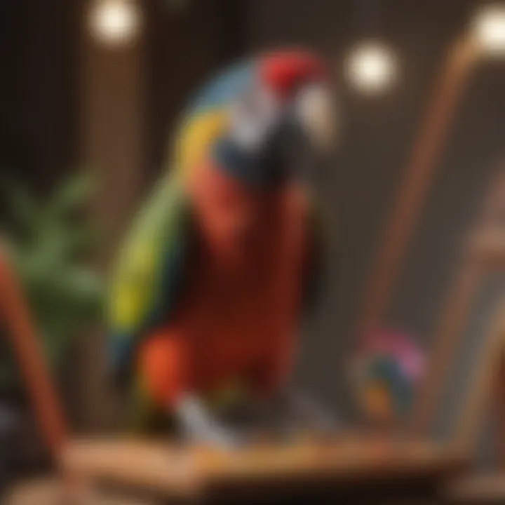 A vibrant small parrot enjoying playtime on a colorful play stand.