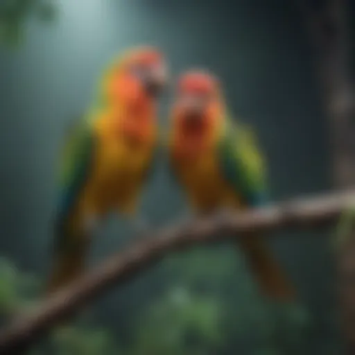 Vibrant small parrots perched on a branch