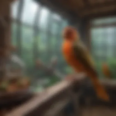 A serene indoor environment for pet birds, showcasing a well-arranged aviary