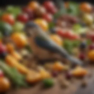 Close-up of a healthy bird food mix highlighting fresh fruits and vegetables