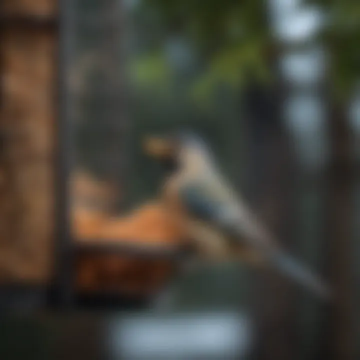 A close-up view of birds feeding safely from a suet feeder with a protective cage, illustrating the feeding behavior.