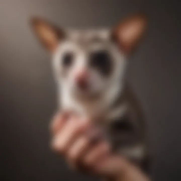 Sugar glider perched on a hand with a curious expression