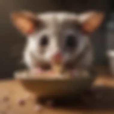 Sugar glider exploring their food bowl filled with diverse nutrition