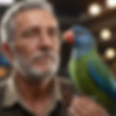 A bird owner engaging in training with a talking pet bird