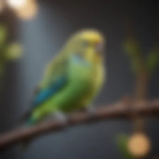 A vibrant budgie perched on a branch, showcasing its lively colors