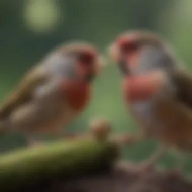 Gentle Interaction with Finches A serene scene of a bird owner gently interacting with a small finch, emphasizing a calm environment.
