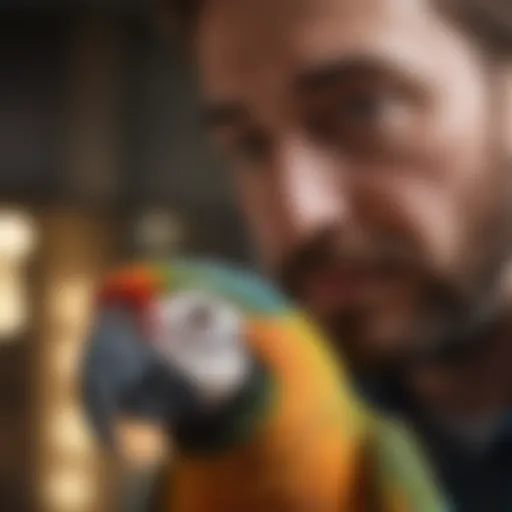 A close-up of a colorful parrot perched calmly on a person's shoulder, showcasing trust and companionship.