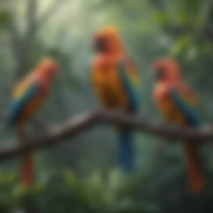 Colorful exotic birds perched on a branch in a natural habitat