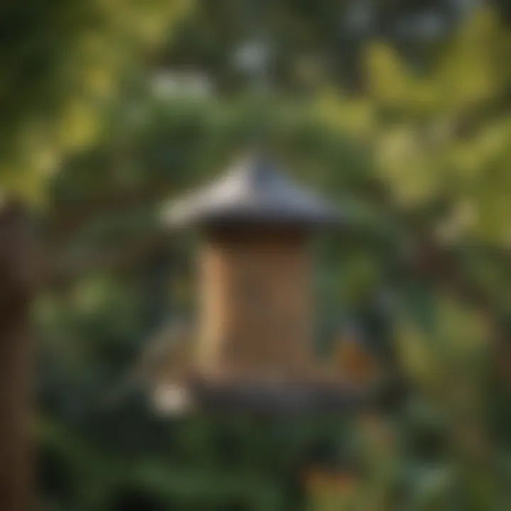 Close-up view of a suet bird feeder hanging in a garden