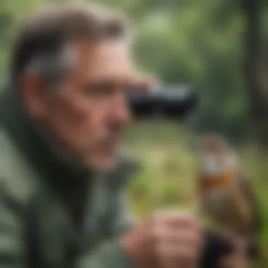 A birdwatcher observing birds with binoculars