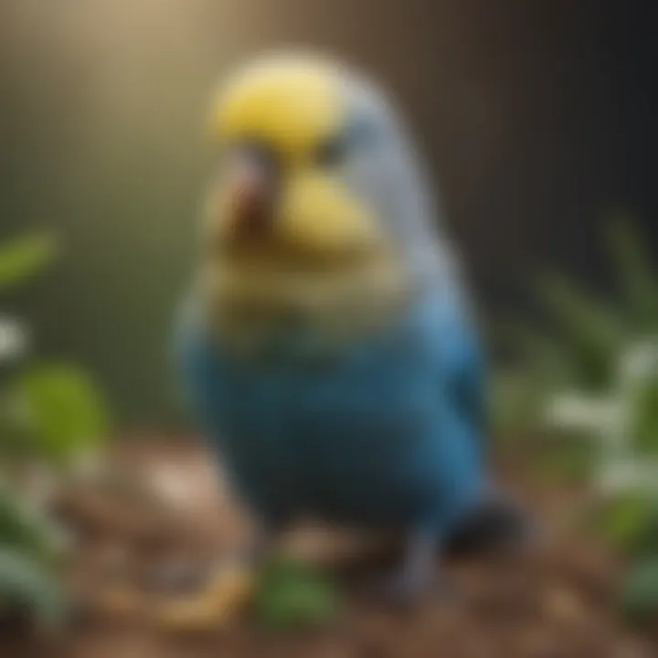 Healthy budgie enjoying a variety of seeds and greens