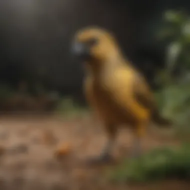 A Canario bird in a playful behavior, interacting with its environment