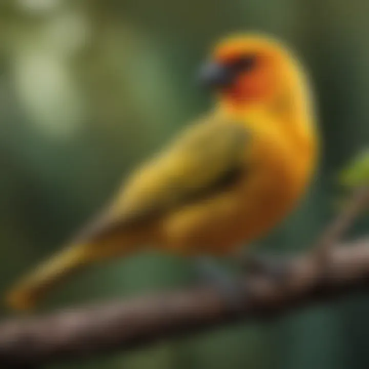 A vibrant Canario bird perched on a branch, showcasing its colorful plumage