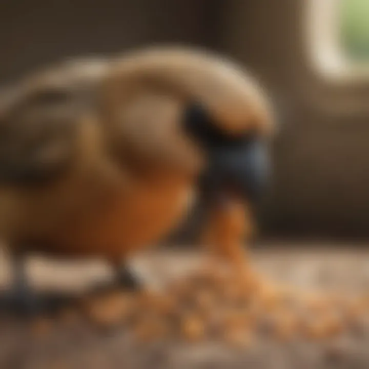 A close-up of a Canario bird eating a nutritious seed mix