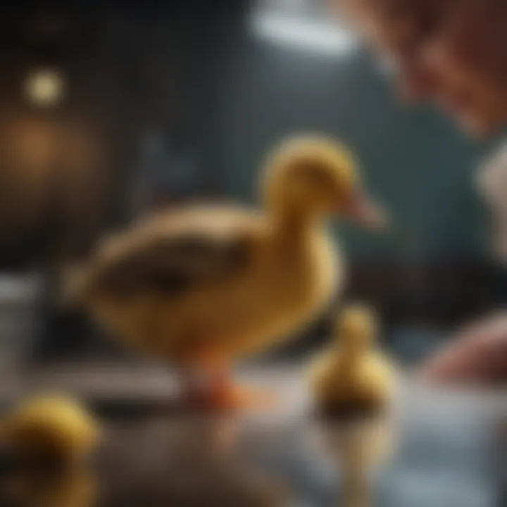 A veterinarian examining a pet duckling for health checkup.