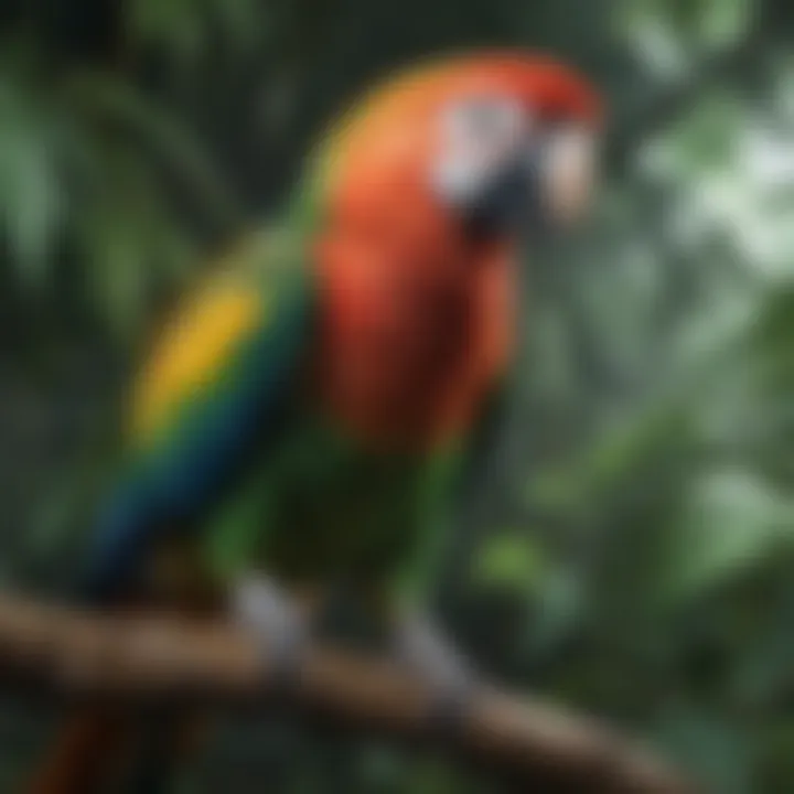 A colorful parrot perched on a branch surrounded by greenery