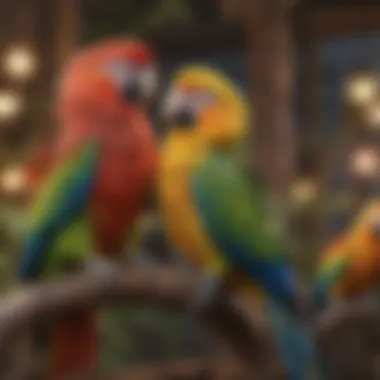 Parrots in a Vibrant Habitat Colorful parrots interacting in a vibrant habitat