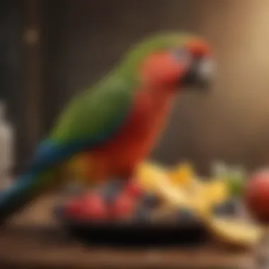 Detailed view of a parrot's diet with fresh fruits and seeds