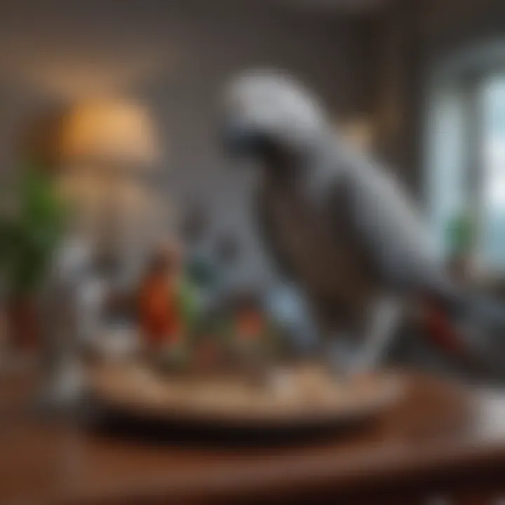 A cozy living space adorned with a well-cared-for African Grey Parrot and its accessories.