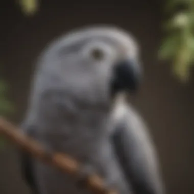 Close-up of a grey parrot perched on a branch, showcasing its vibrant feathers and intelligent gaze.