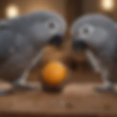 A grey parrot engaging in play, highlighting the importance of mental stimulation and companionship.