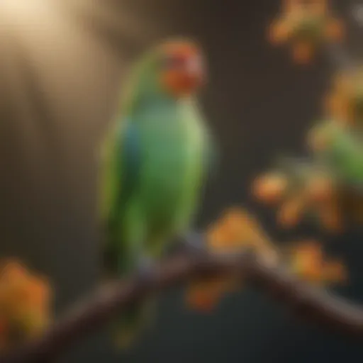 A colorful parakeet perched on a branch with a serene background.