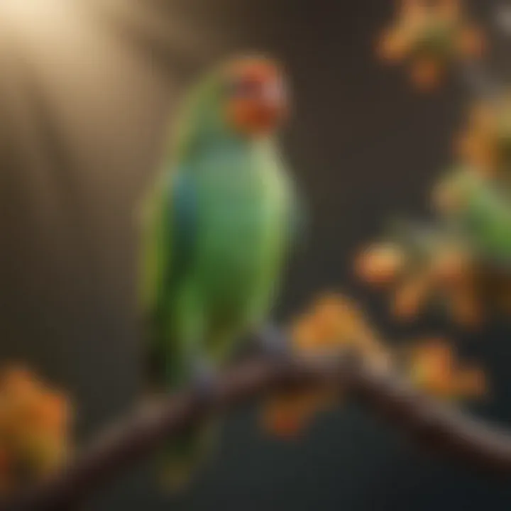 A colorful parakeet perched on a branch with a serene background.