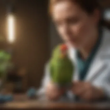 A veterinarian examining a parakeet in a caring environment.