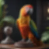 A stunning parrot perched on a hand-crafted bird stand showcasing its vibrant colors.