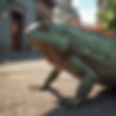 An urban setting where iguanas interact with the environment.