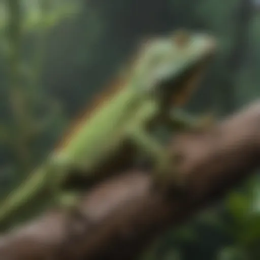 A vibrant green iguana perched on a branch, showcasing its natural habitat.