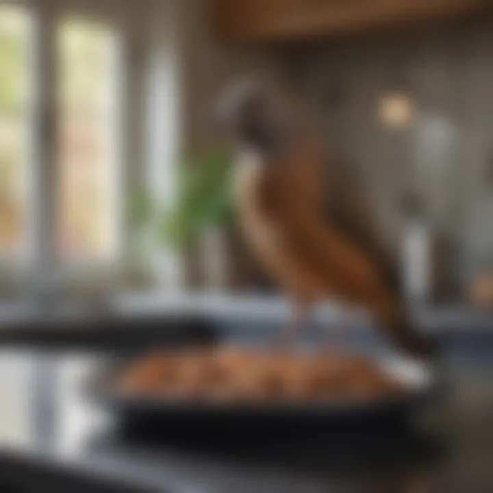 Close-up of a bird perched near a kitchen setting