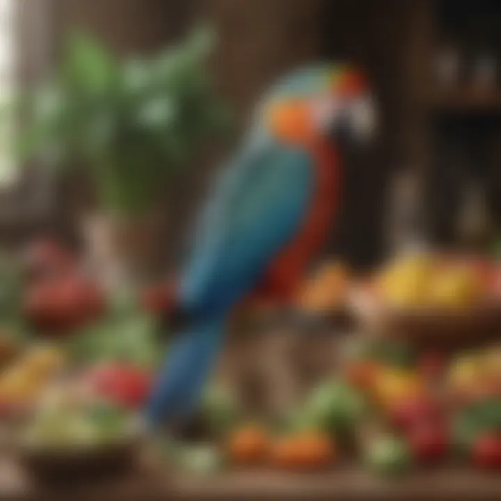 Macaw enjoying a colorful assortment of vegetables