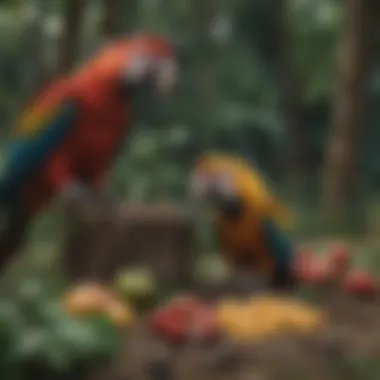 Foraging in the Wild: Macaws' Natural Eating Habits Natural habitat showcasing macaws foraging
