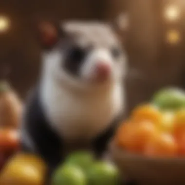 A sugar glider enjoying a variety of fruits