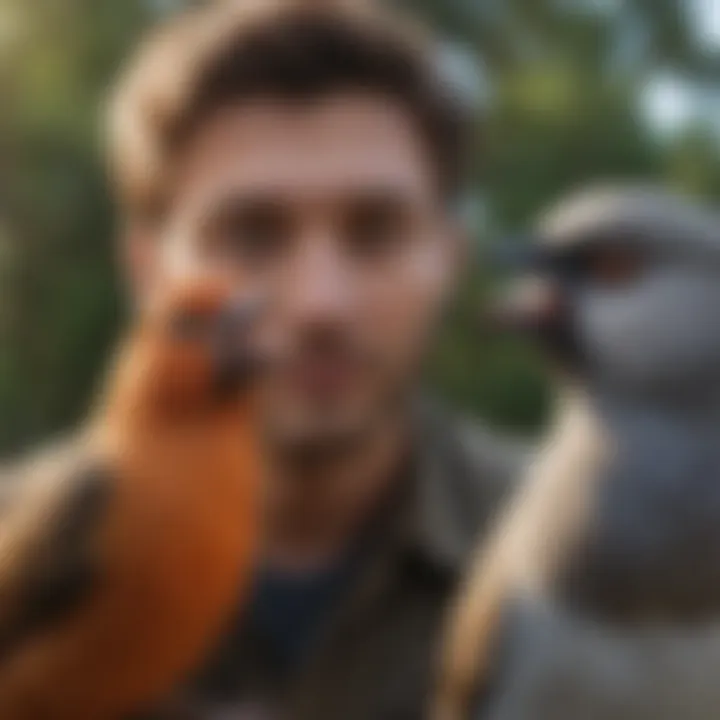 A bird enthusiast observing and interacting with a noisy pet bird