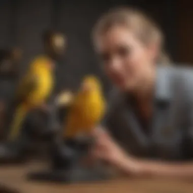 Owner Interacting with a Canar An owner engaged in play with a chirping canary.