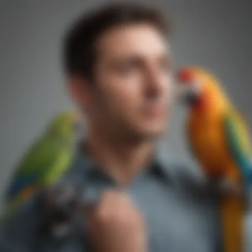 A vibrant parrot perched on a shoulder, illustrating the bond between pet and owner.